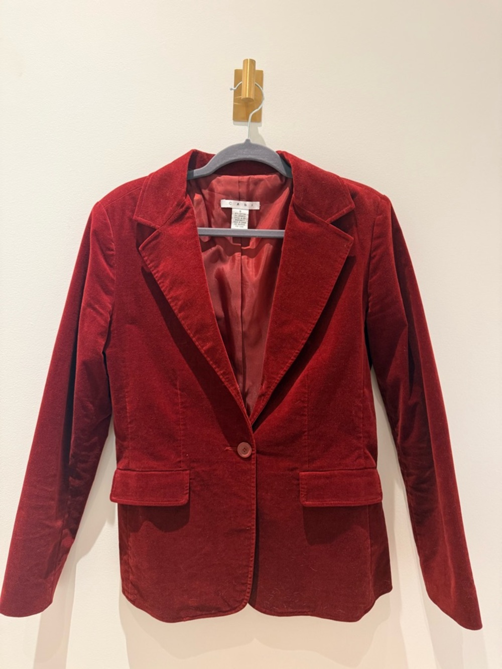 CAbi Deep Red Velvet Blazer with beautiful embroidery on the back.